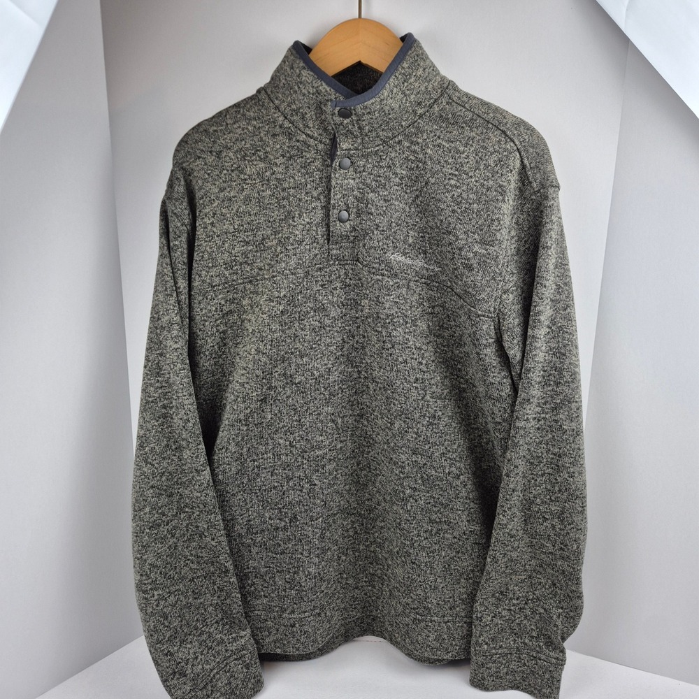 Eddie Bauer Mens XL Gray Marl Sweater Fleece Mock Neck Snap Pullover Sweater